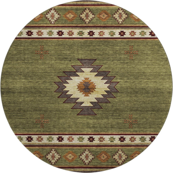 HomeRoots 8' Geometric Round Rug in Green, Beige & Brown - Washable, UV Protected & Perfect for Busy Homes 645675