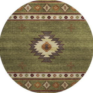 HomeRoots 8' Geometric Round Rug in Green, Beige & Brown - Washable, UV Protected & Perfect for Busy Homes 645675