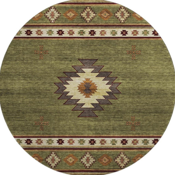 HomeRoots 8' Geometric Round Rug in Green, Beige & Brown - Washable, UV Protected & Perfect for Busy Homes 645675