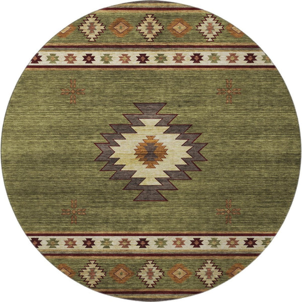 HomeRoots 8' Geometric Round Rug in Green, Beige & Brown - Washable, UV Protected & Perfect for Busy Homes 645675