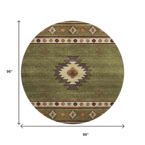 HomeRoots 8' Geometric Round Rug in Green, Beige & Brown - Washable, UV Protected & Perfect for Busy Homes 645675