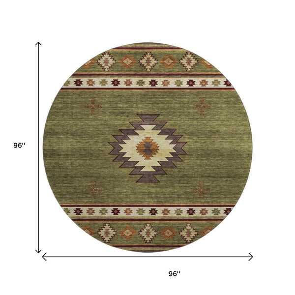 HomeRoots 8' Geometric Round Rug in Green, Beige & Brown - Washable, UV Protected & Perfect for Busy Homes 645675
