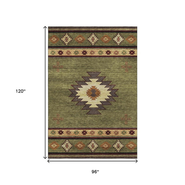 HomeRoots 8' X 10' Geometric Area Rug in Green, Beige & Brown - Washable, Stain-Resistant & UV Protected! 645676