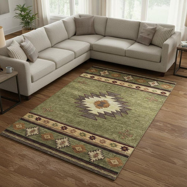 HomeRoots 8' X 10' Geometric Area Rug in Green, Beige & Brown - Washable, Stain-Resistant & UV Protected! 645676