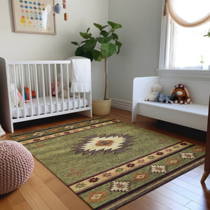 HomeRoots 8' X 10' Geometric Area Rug in Green, Beige & Brown - Washable, Stain-Resistant & UV Protected! 645676