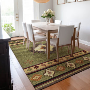 HomeRoots 8' X 10' Geometric Area Rug in Green, Beige & Brown - Washable, Stain-Resistant & UV Protected! 645676