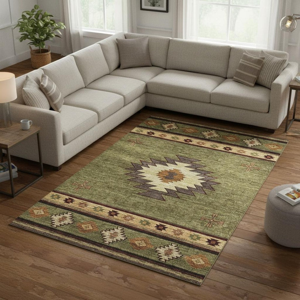 HomeRoots 9' X 12' Geometric Area Rug in Green, Beige & Brown – Washable, UV-Protected, Durable & Stylish! 645677