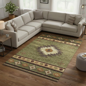 HomeRoots 9' X 12' Geometric Area Rug in Green, Beige & Brown – Washable, UV-Protected, Durable & Stylish! 645677