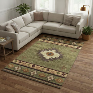HomeRoots 10' Geometric Washable Area Rug in Green, Beige & Brown – UV Protected, Stylish & Durable Design! 645678