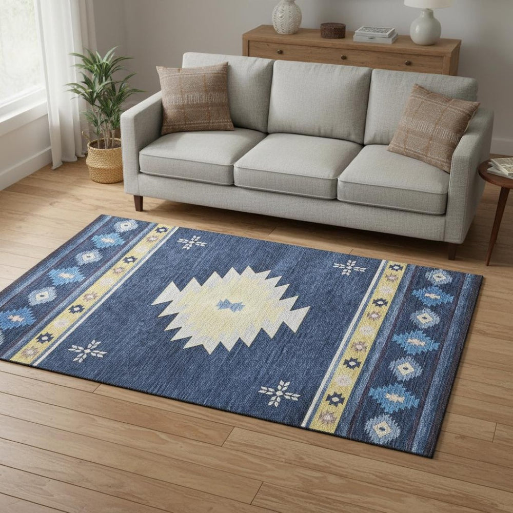 HomeRoots 5' X 8' Stylish Blue Ivory Gold Geometric Washable Area Rug with UV Protection for High-Traffic Areas 645680