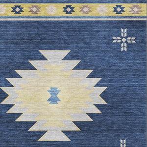 HomeRoots 5' X 8' Stylish Blue Ivory Gold Geometric Washable Area Rug with UV Protection for High-Traffic Areas 645680