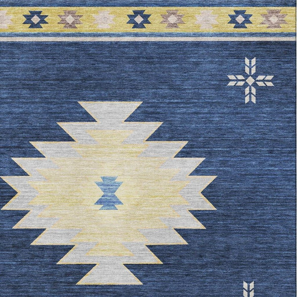 HomeRoots 5' X 8' Stylish Blue Ivory Gold Geometric Washable Area Rug with UV Protection for High-Traffic Areas 645680