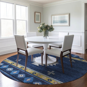 HomeRoots 8' Blue Ivory and Gold Geometric Round Rug - Washable, UV-Protected, Modern Design for High-Traffic Homes 645681
