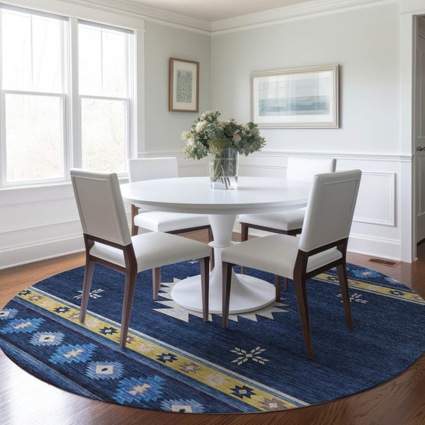 HomeRoots 8' Blue Ivory and Gold Geometric Round Rug - Washable, UV-Protected, Modern Design for High-Traffic Homes 645681