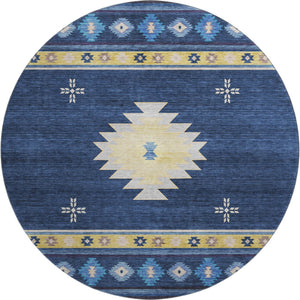 HomeRoots 8' Blue Ivory and Gold Geometric Round Rug - Washable, UV-Protected, Modern Design for High-Traffic Homes 645681