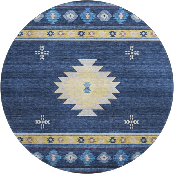 HomeRoots 8' Blue Ivory and Gold Geometric Round Rug - Washable, UV-Protected, Modern Design for High-Traffic Homes 645681