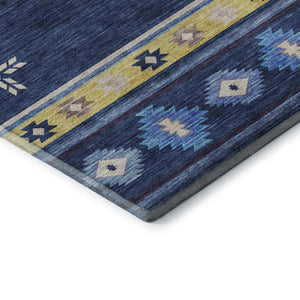 HomeRoots 8' Blue Ivory and Gold Geometric Round Rug - Washable, UV-Protected, Modern Design for High-Traffic Homes 645681