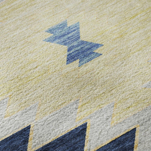 HomeRoots 8' Blue Ivory and Gold Geometric Round Rug - Washable, UV-Protected, Modern Design for High-Traffic Homes 645681