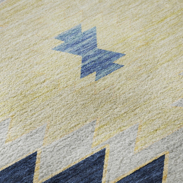 HomeRoots 8' Blue Ivory and Gold Geometric Round Rug - Washable, UV-Protected, Modern Design for High-Traffic Homes 645681