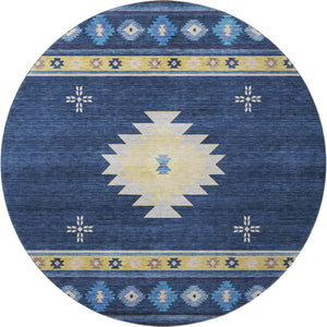 HomeRoots 8' Blue Ivory and Gold Geometric Round Rug - Washable, UV-Protected, Modern Design for High-Traffic Homes 645681