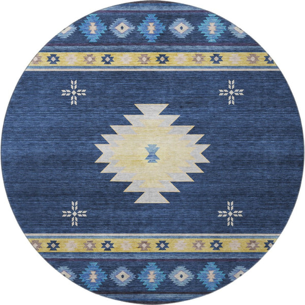 HomeRoots 8' Blue Ivory and Gold Geometric Round Rug - Washable, UV-Protected, Modern Design for High-Traffic Homes 645681