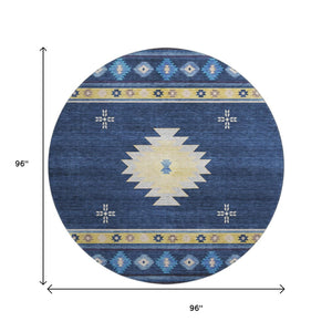HomeRoots 8' Blue Ivory and Gold Geometric Round Rug - Washable, UV-Protected, Modern Design for High-Traffic Homes 645681