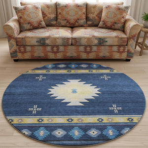 HomeRoots 8' Blue Ivory and Gold Geometric Round Rug - Washable, UV-Protected, Modern Design for High-Traffic Homes 645681