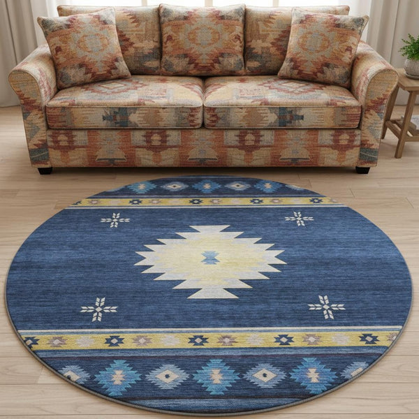 HomeRoots 8' Blue Ivory and Gold Geometric Round Rug - Washable, UV-Protected, Modern Design for High-Traffic Homes 645681