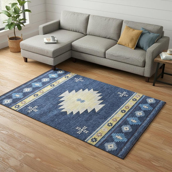 HomeRoots 8' X 10' Blue Ivory Gold Geometric Area Rug: Washable, UV Protected, Family-Friendly, Stylish Design 645682