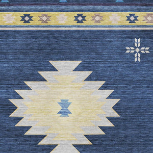 HomeRoots 8' X 10' Blue Ivory Gold Geometric Area Rug: Washable, UV Protected, Family-Friendly, Stylish Design 645682