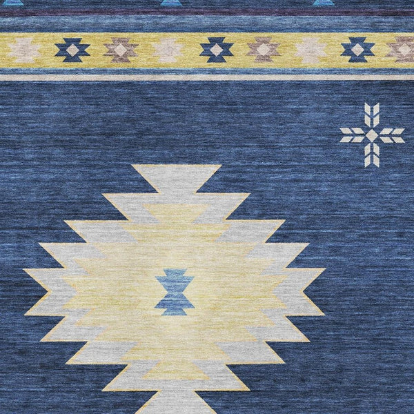 HomeRoots 8' X 10' Blue Ivory Gold Geometric Area Rug: Washable, UV Protected, Family-Friendly, Stylish Design 645682