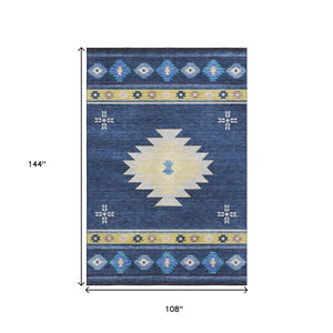 HomeRoots 9' X 12' Blue Ivory Gold Geometric Area Rug - Washable, UV-Protected, Durable for High-Traffic Areas 645683