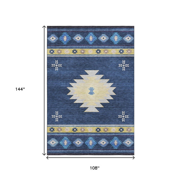 HomeRoots 9' X 12' Blue Ivory Gold Geometric Area Rug - Washable, UV-Protected, Durable for High-Traffic Areas 645683
