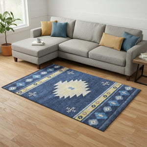 HomeRoots 9' X 12' Blue Ivory Gold Geometric Area Rug - Washable, UV-Protected, Durable for High-Traffic Areas 645683
