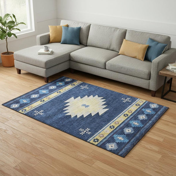 HomeRoots 9' X 12' Blue Ivory Gold Geometric Area Rug - Washable, UV-Protected, Durable for High-Traffic Areas 645683