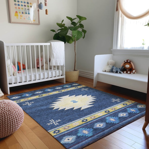 HomeRoots 9' X 12' Blue Ivory Gold Geometric Area Rug - Washable, UV-Protected, Durable for High-Traffic Areas 645683