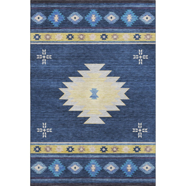 HomeRoots 9' X 12' Blue Ivory Gold Geometric Area Rug - Washable, UV-Protected, Durable for High-Traffic Areas 645683