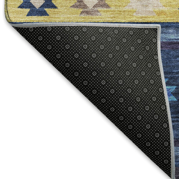 HomeRoots 9' X 12' Blue Ivory Gold Geometric Area Rug - Washable, UV-Protected, Durable for High-Traffic Areas 645683