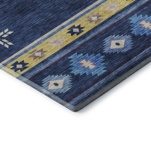 HomeRoots 9' X 12' Blue Ivory Gold Geometric Area Rug - Washable, UV-Protected, Durable for High-Traffic Areas 645683