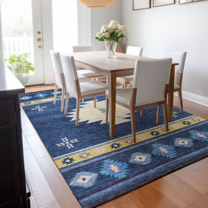 HomeRoots 9' X 12' Blue Ivory Gold Geometric Area Rug - Washable, UV-Protected, Durable for High-Traffic Areas 645683