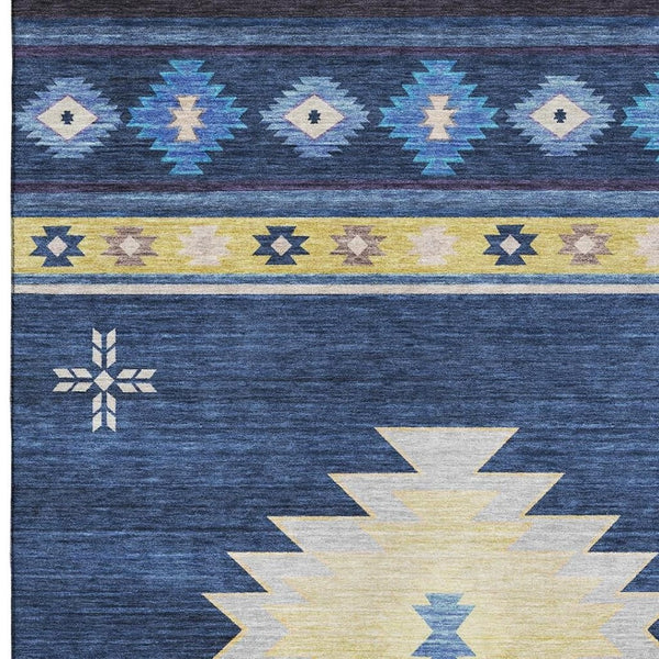 HomeRoots 9' X 12' Blue Ivory Gold Geometric Area Rug - Washable, UV-Protected, Durable for High-Traffic Areas 645683