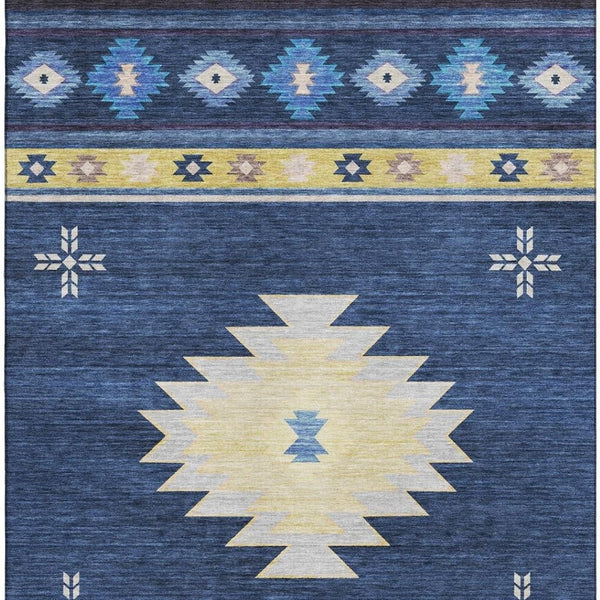 HomeRoots 9' X 12' Blue Ivory Gold Geometric Area Rug - Washable, UV-Protected, Durable for High-Traffic Areas 645683