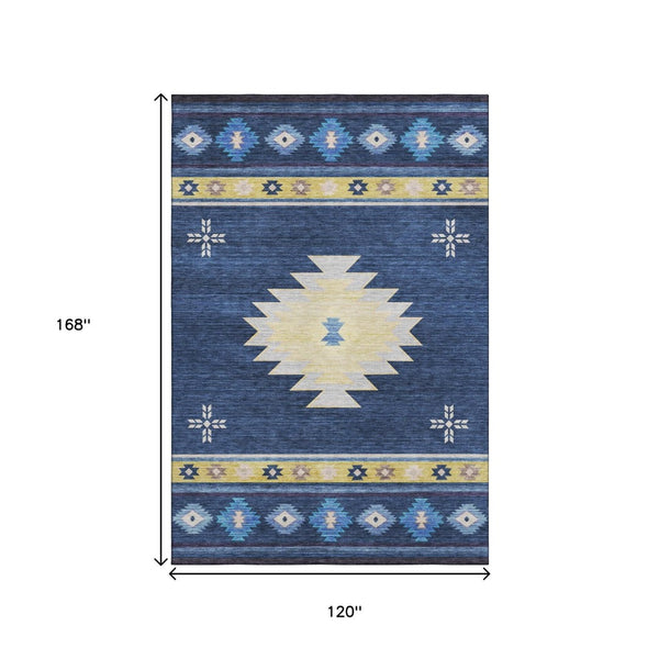 HomeRoots 10' Blue Ivory Gold Geometric Area Rug - Washable, UV Protected, Kid & Pet Friendly for Home Style 645684