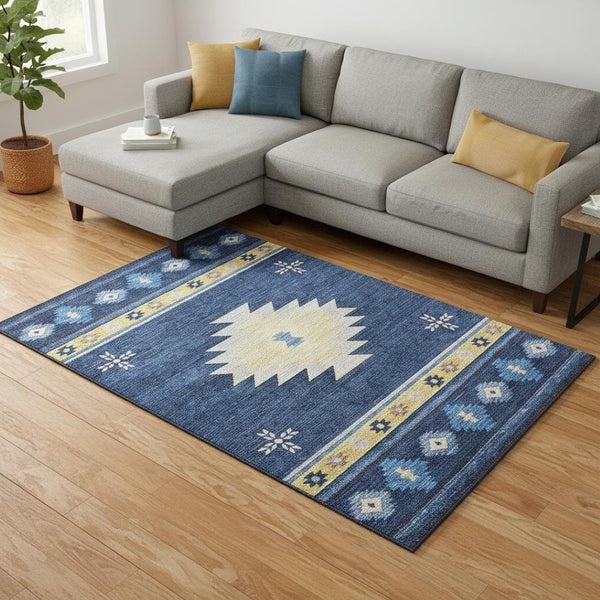 HomeRoots 10' Blue Ivory Gold Geometric Area Rug - Washable, UV Protected, Kid & Pet Friendly for Home Style 645684