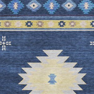 HomeRoots 10' Blue Ivory Gold Geometric Area Rug - Washable, UV Protected, Kid & Pet Friendly for Home Style 645684