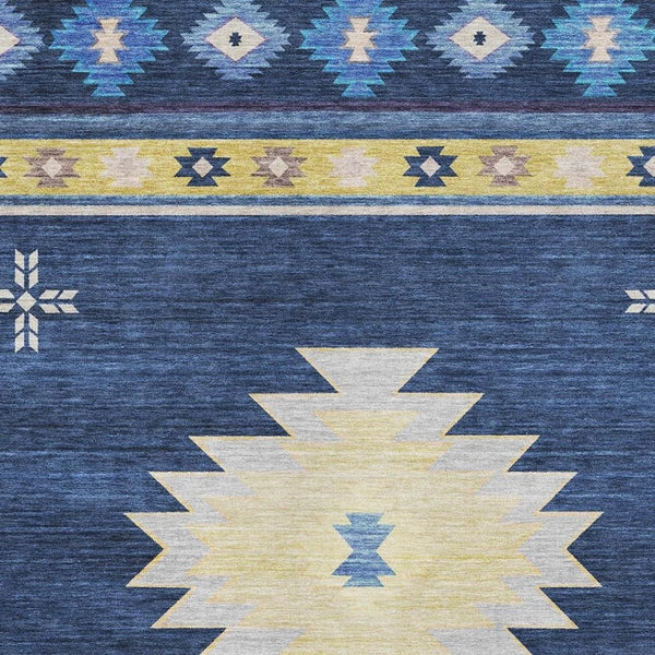 HomeRoots 10' Blue Ivory Gold Geometric Area Rug - Washable, UV Protected, Kid & Pet Friendly for Home Style 645684