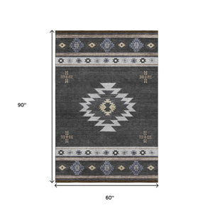 HomeRoots 5' X 8' Modern Geometric Washable Area Rug in Midnight, Ivory & Beige - UV Protected for Durability 645686