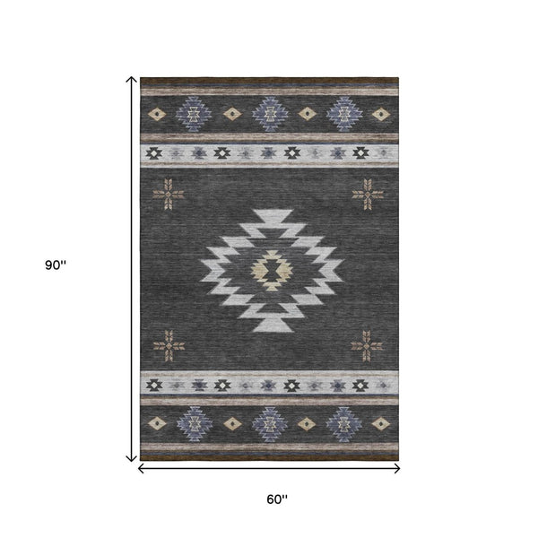 HomeRoots 5' X 8' Modern Geometric Washable Area Rug in Midnight, Ivory & Beige - UV Protected for Durability 645686