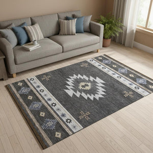 HomeRoots 5' X 8' Modern Geometric Washable Area Rug in Midnight, Ivory & Beige - UV Protected for Durability 645686