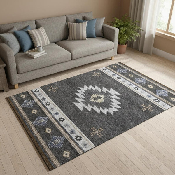 HomeRoots 5' X 8' Modern Geometric Washable Area Rug in Midnight, Ivory & Beige - UV Protected for Durability 645686